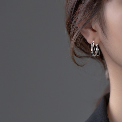 S925 Silver Japan Korean Style Fashion Personalized Ear Clips Women's Irregular Double-Layer round Ear Rings M01462