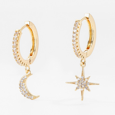 New Stylish Moon and the Stars Asymmetric Ear Ring Inlaid 3A Zircon Factory Wholesale WeChat Supply Real Gold Plating