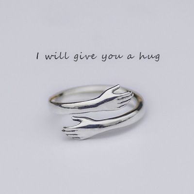 Spot Design Two-Hand Cross 925 Silver-Plated Hug Couple Ring Female Male Couple Rings Open Personalized Creative