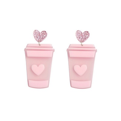 Creative New Style Pink Acrylic Milk Tea and Coffee Cup Earrings Lovely Girl Earrings Cute Ins Style Earrings