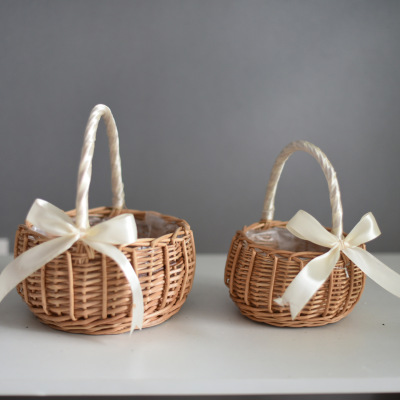 Woven Flower Basket Hand-Held Flower Girl Handmade Natural Flower Arrangement Basket Bamboo Decorative Woven Flower Basket National Day Rattan Woven Storage Basket