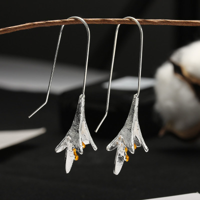 Lily Silver Plated Ear Hook Simple Elegant Lotus Hanging Earrings Long Elegance Retro Orchid Trendy Earrings