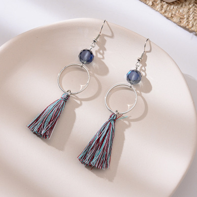 Simple Style Purple Long Tassel Beads Earrings Female Korean Style Personality All-Match Ear Clip Factory Wholesale