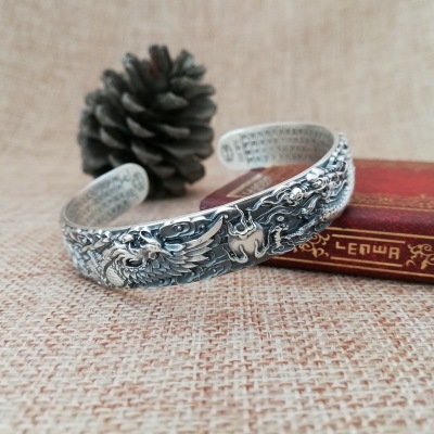 Phoenix Retro Sterling Silver Solid Heart Sutra Bracelet Ethnic Style Men and Women Distressed Antique Silver Bracelet