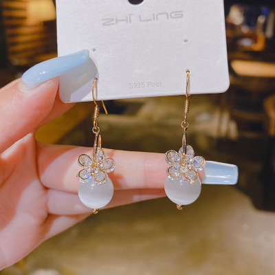 Korean 2021new Arrival Opal Long Earrings Fashion Trending Stud Earrings Crystal Ice Flower Ear Hooks Women