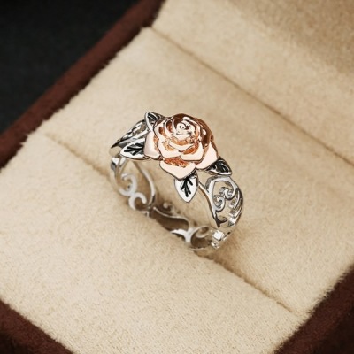 Hot Sale 14K Rose Gold Plated Flower Ring European and American Retro 925 Silver Plated Color Separation Engagement Ring