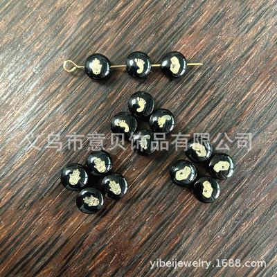 Black Micro Glass Bead Bronzing Printed Palm Feet Beauty Bracelet Necklace DIY Semi-Finished Products Glass Bead Accessories