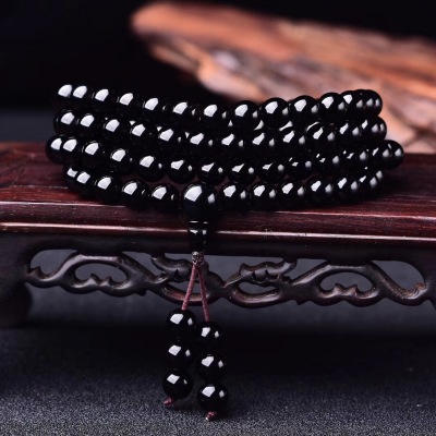 Natural Obsidian 108 Beads Bracelet Gold Sheen Obsidian Bright Bracelet Pure Black Obsidian Buddha Beads