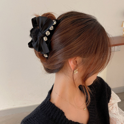 Plush Pearl Bow Barrettes Back Head Temperament Grip Shark Clip Autumn and Winter Updo Hair Clip Clip Hairware Women