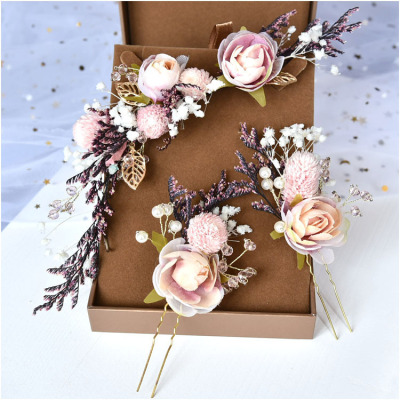 Amazon Hot Bridal Headdress Dried Flower Rose Three-Piece Set Wind Color Flower Handmade Woven Hair Accessories Wedding