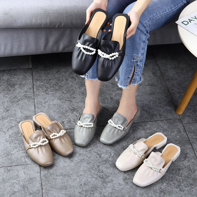 Closed Toe Pearl Half Slippers Women's Summer Wear Internet Celebrity Ins Loafers Korean Style Fashionable All-Matching Shoes Women's Sandals
