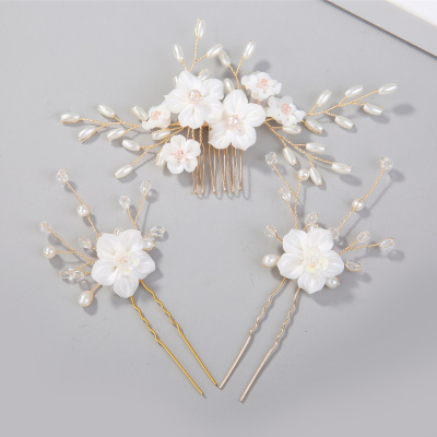 Headdress White Flower Handmade Pearl Twisted Beads Hair Comb Pin Hair Clasp Hair Accessories Cross-Border Explosion