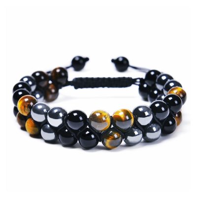 Amazon Cross-Border Hot Hot Sale Natural Tigereye Black Agate Hand Weaving Bracelet Male Yoga Energy Beads