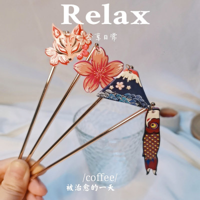 Painted Relief Fuji Mountain Hairpin Cute Mori Style Simple Daily Hair Accessories Pink Flower Hair Stick Updo Stick