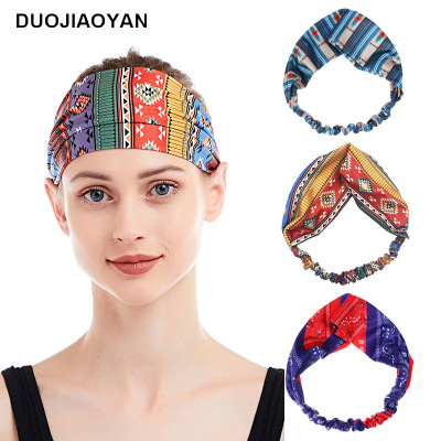 Cross-Border European and American Printed Plaid Headband Colorful Elastic Hair Band Bohemian Elastic Wide Brim Women's Hair Accessories