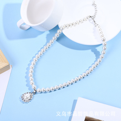 Exquisite Mother's Imitation Pearl Alloy Silver-Plated Droplet Type Earrings Necklace Two-Piece Set Temperament Wild Simple and Elegant