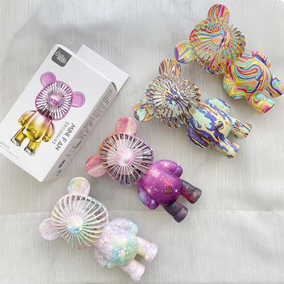 Color Graffiti Bear Fan USB Charging Three-Speed Portable Gift Net Red Desktop Mini Gradient Electroplating Bear Fan