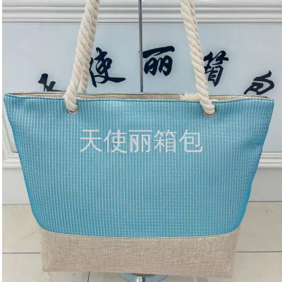 Colorful Sequins Artificial Linen Stitching Beach Bag Women's Holiday Tote Bag Large Capacity Lightweight Hemp Rope Bag