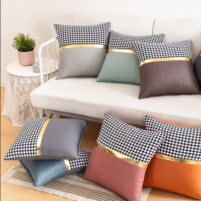 Faux Leather Imitation Leather Pillow Thickened Living Room Sofa Nordic Light Luxury Houndstooth Stitching Cushion Cover Square Pillow Cover