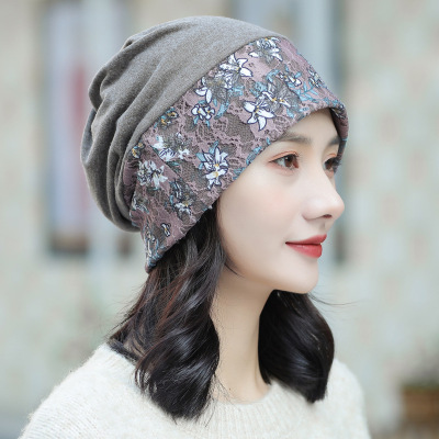 Hat Female Autumn and Winter Korean Fashionable Flower Bag Cap All-Match Fashionable Sleeve Cap Cap Warm Lace Decor Hat Scarf Integrated with Hat