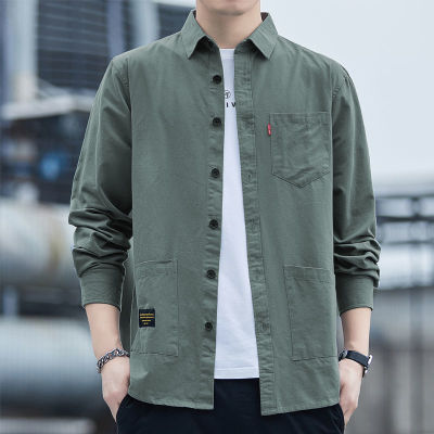 2022 Spring New Men's Long-Sleeved Cotton Shirt Solid Color Pocket Loose Version Large Size Casual Men's Clothing Shirt