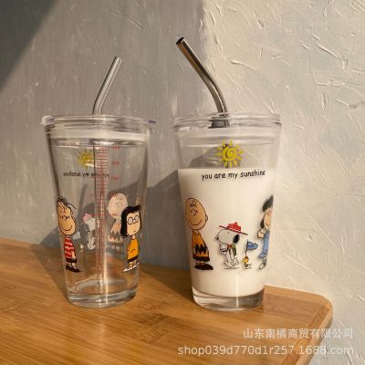 Korean Style Ins Heat-Resistant Cute Snoopy Glass Water Cup Female with Scale Lid Straw Good-looking Household Milk