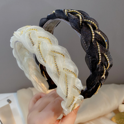 Korean Version Ins Style High-End Headband Organza Rhinestone High Skull Top Headband Hair Accessories Women Hair Pressing Headwear Wholesale