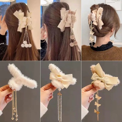 Autumn and Winter Plush Tassel Grip New Hair Clip Back Head Hair Volume Large Size Bow Claw Clip Grip Plush Shark Clip