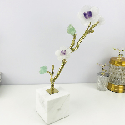 Light Luxury New Chinese Natural Crystal Stone Flower Branch Pure Copper Plant Table Decorations Modern Housewarming Gift