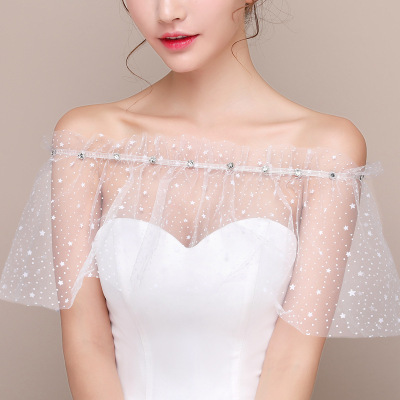 Spring and Summer New Banquet All-Match Bride Wedding Dress Accessories XINGX Lace Cappa off-Shoulder Lace-up Rhinestone