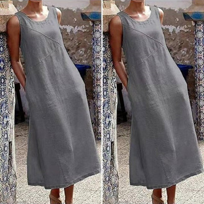 Spring and Summer New Large Size Women's Clothing Plump Girls Loose Slimming Wish AliExpress Cotton Linen Sleeveless Dress