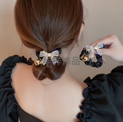 2022 New High-Grade Pearl Full Diamond Bow Hair Ring Tie-up Hair Head Rope Bun Rubber Band Headdress Wholesale