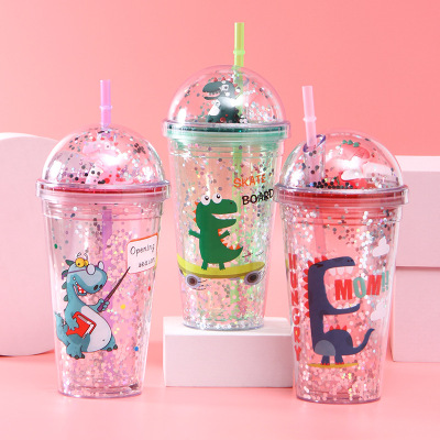 New Cartoon Double-Layer Plastic Cup Creative Dinosaur Cup with Straw Student Portable Summer Ice Glass Wholesale