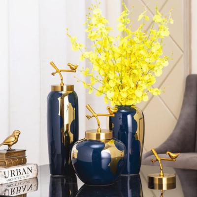 Light Luxury Modern Ceramic Vase Pure Copper Cover Decoration New Chinese Living Room Flower Arrangement TV Cabinet Ceramic Large Vase Home