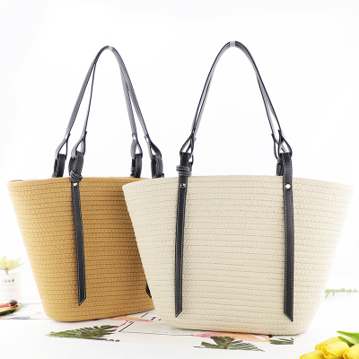 INS New Cotton String Large Capacity Woven Bag Fashion Black Belt Shoulder Straw Bag Casual Women's Bag Beach Bag