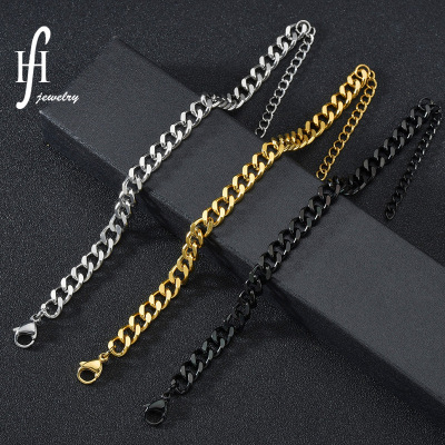 European and American Fashion Simple Grinding 2-Side Cuban Link Chain Men's and Women's Bracelet Hip Hop Trend 18K Gold Titanium Steel Bracelet Factory Wholesale