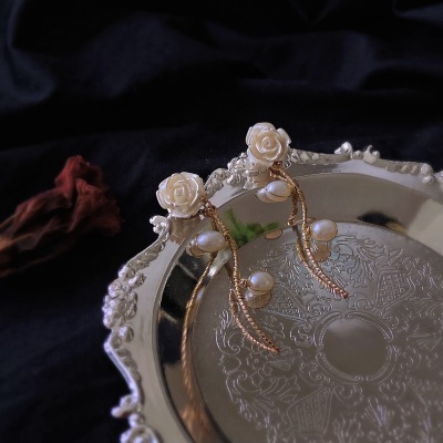 [La Môme] Handmade French Rose Long Retro Simple Freshwater Pearl 925 Silver Pin Earrings Ear Clip