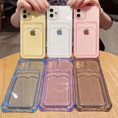 Applicable to iPhone 13 Four-Corner Drop-Resistant Card Holder Transparent Phone Case Apple 12 Transparent Pink Card Holder Soft Protective Case