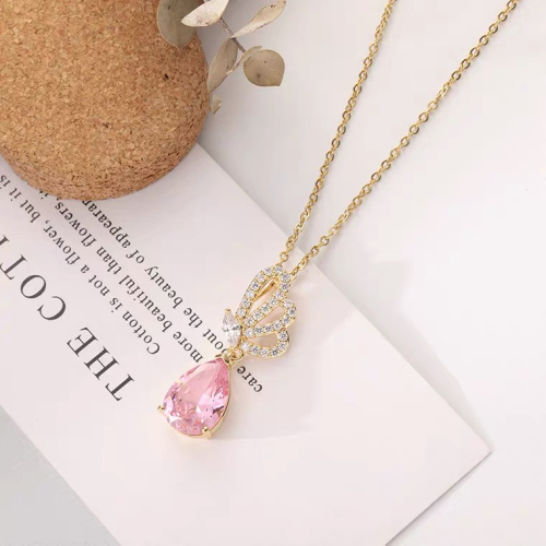 New Butterfly Titanium Steel Necklace Japanese and Korean Style Pink Water Drop Special-Interest Design Female Personality Creative Best-Seller Necklace