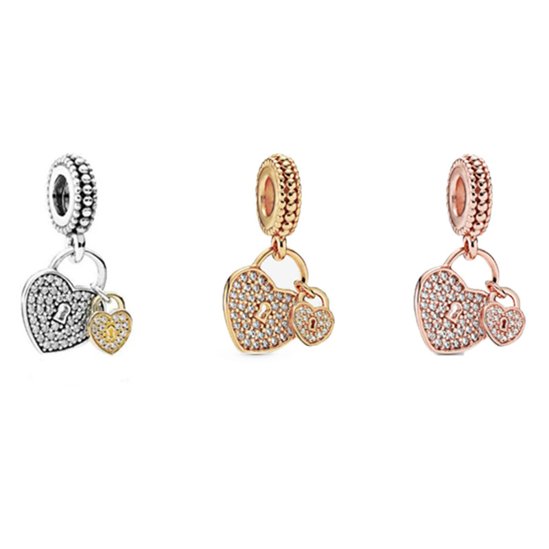 潘家多拉DIY饰品配件Pavé密镶爱心挂锁吊饰 手链配件批发