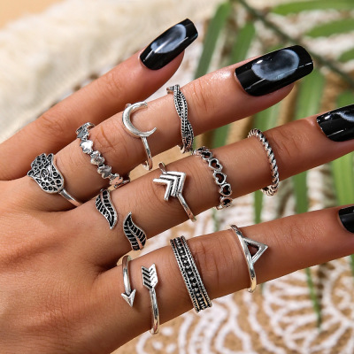 Amazon Foreign Trade New Antique Silver Crescent Love Arrow Palm Women's Adjustable Ring Suit 11 Pieces