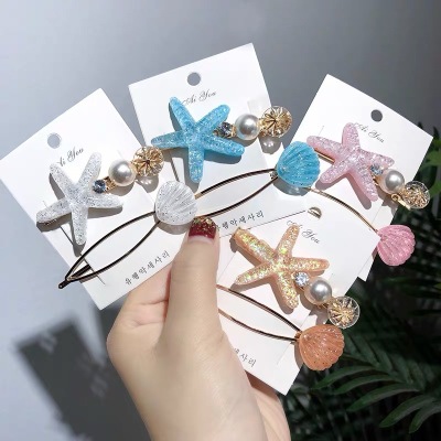 South Korea Starfish Shell Barrettes Two-Piece Set Small Pearl Bar Clip Side Clip Internet Celebrity Maiden Style Headdress Factory Direct Sales