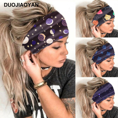 Multi-Delicate Creative New Starry Sky Printed Elastic Wide Brim Hair Band Sports Sweat-Absorbent Turban Ladies Headdress Hair Accessories