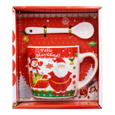 Western Christmas Ceramic Cup Gift Box Packaging Christmas Coffee Cup Water Cup with Spoon Can Be Customized Logo