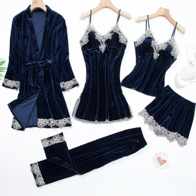 Gold Velvet Five-Piece Set Slip Nightdress Long-Sleeved Trousers Lace Nightgown Autumn and Winter Homewear Pajamas for Women