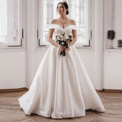 European and American Foreign Trade Amazon AliExpress Wish New Wedding Dress off-Neck A- line Simple Satin Support Customization