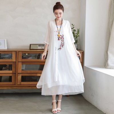 Two-Piece Embroidery Cotton and Linen Dress for Women Summer 2 New Ethnic Style Loose Slimming Temperament Mid-Length Skirt