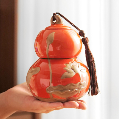 New Chinese Gourd Ceramic Ruyi Decoration Tea Storage Tank Living Room Entrance Antique Shelf Tea Room Home Ornament
