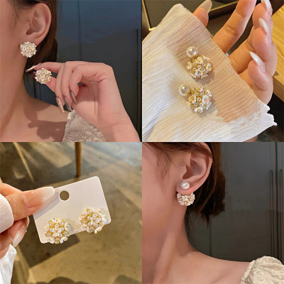 New Best-Seller on Douyin French Style Dual-Wear Shell Pearl Flower Earrings Elegant High-End Earrings Light Luxury Minority Earrings