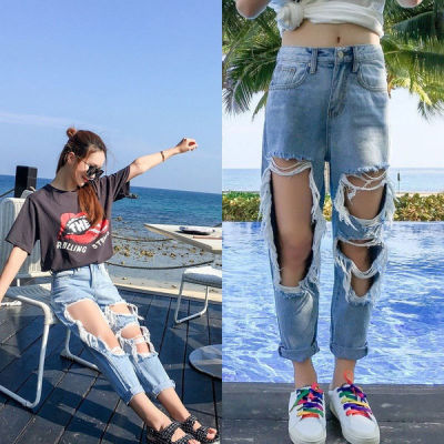 Summer New Loose Light Color Oversized Ripped Jeans Women's Cropped Beggar Vulnerability European and American Personalized Exaggerated